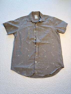 Disney Pixar Coco Grey Chambray Button Down Shirt with Guitar and Skull Pattern